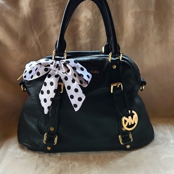 Michael Kors Black Satchel with Gold Hardware and Polka Dot Scarf - Picture 2 of 7